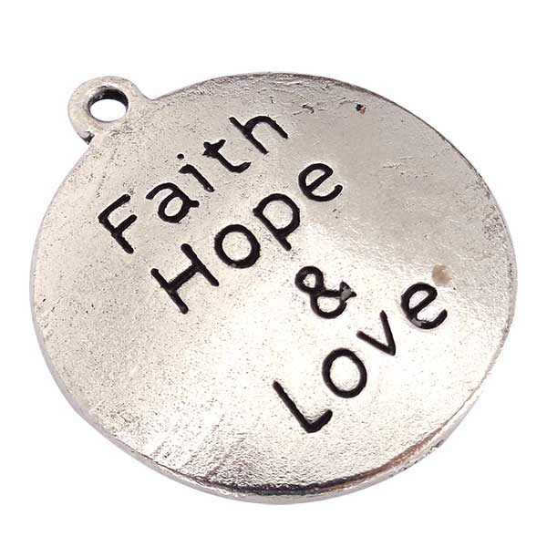 Cast Metal Charm Word 'FAITH, HOPE & LOVE' Round 25mm (1) Antique Silver