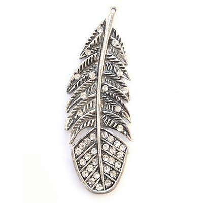 Cast Metal Pendant Feather Large Rhinestone 97x33mm (1) Antique Silver