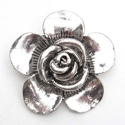 Cast Metal Pendant Flower Rose Opened Layered Large 58mm (1) Antique Silver