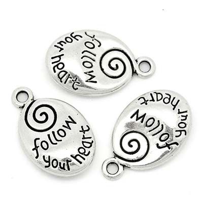 Cast Metal Charm Word Oval 'Follow Your Heart' 20x12mm (10) Antique Silver