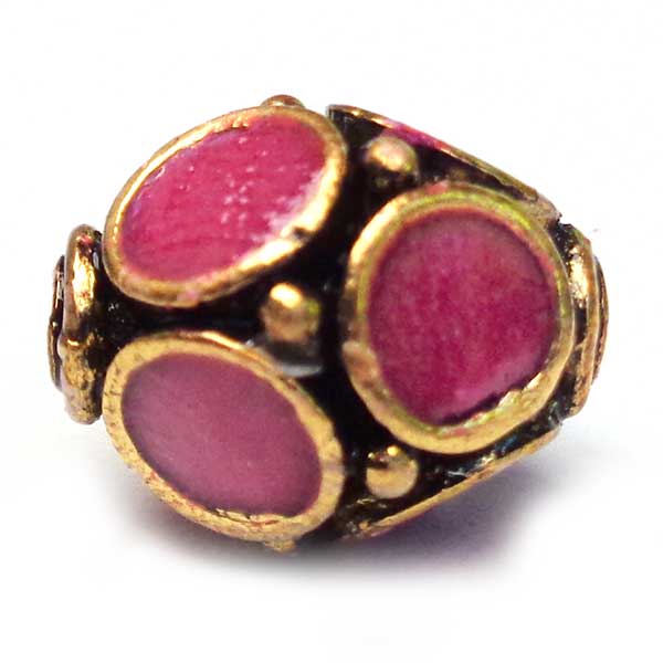 Kashmiri Style Beads Enamel 13x11mm Oval (1) Gold Dark Pink