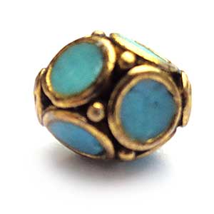 Kashmiri Style Beads Enamel 13x11mm Oval (1) Gold Light Turquoise