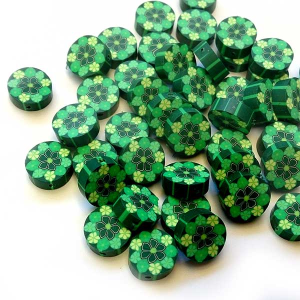Polymer Clay Beads Flat Round 15mm (10) Green Floral