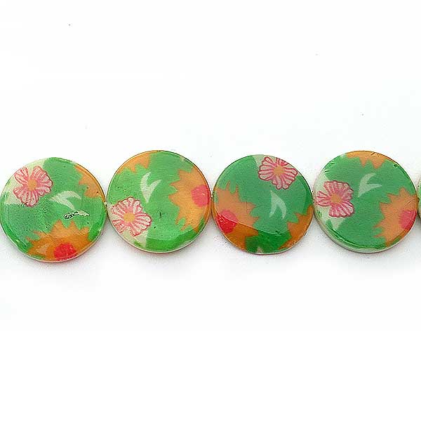Shell Beads Round Flat Printed 20mm (19) Green
