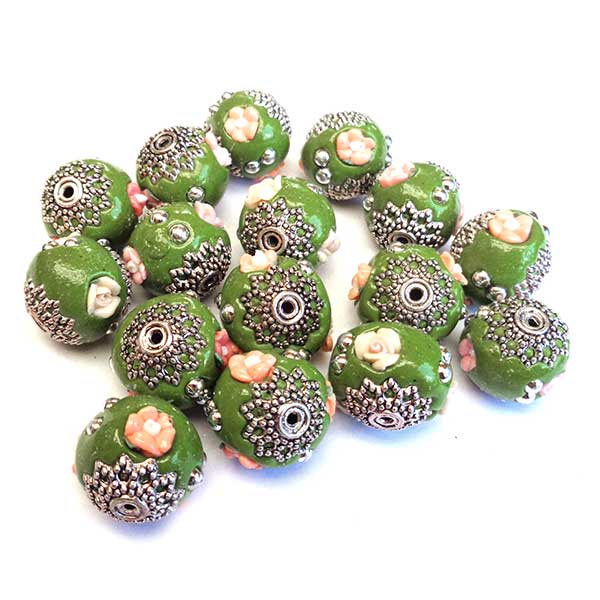 Kashmiri Style Beads Rondelle 16x14mm (1) Style 004A Green w/ Pink Polymer Clay Flower