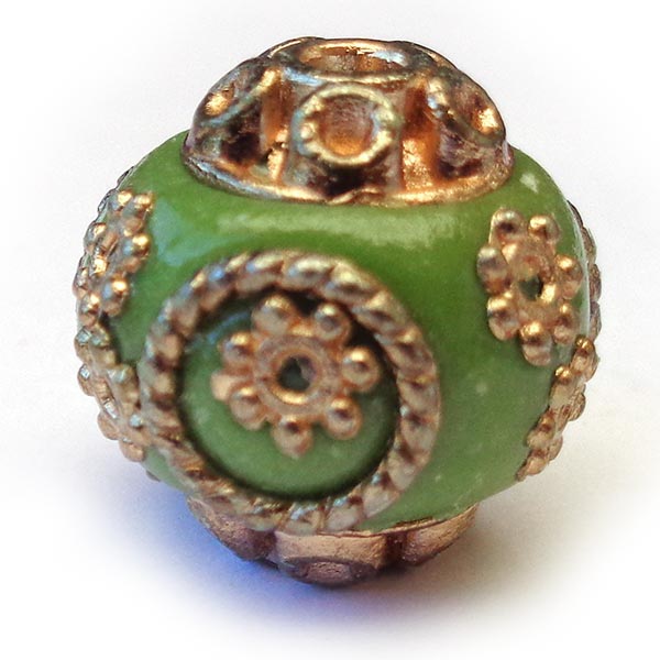 Kashmiri Style Beads Round 15mm (1) Style 012B Gold Green