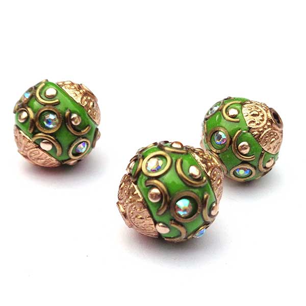 Kashmiri Style Beads Round 15x17mm (1) Style 013D Gold Green