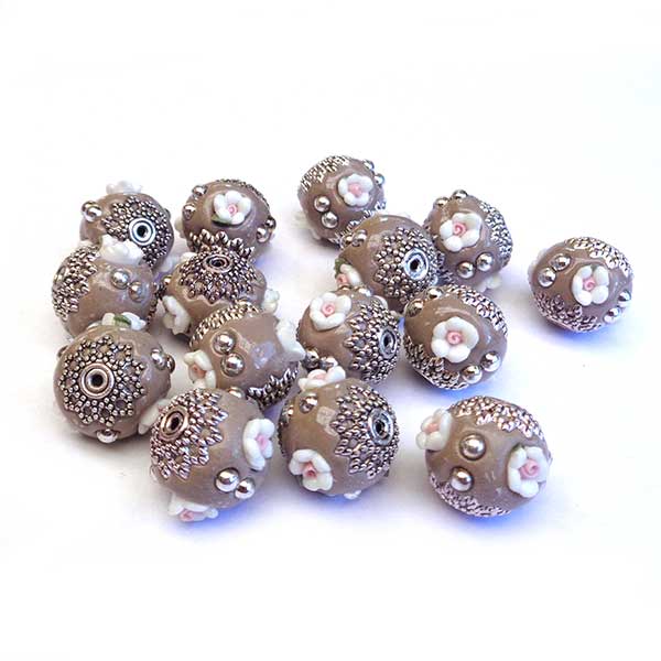Kashmiri Style Beads Rondelle 16x14mm (1) Style 004B Grey w/ Pink Polymer Clay Flower