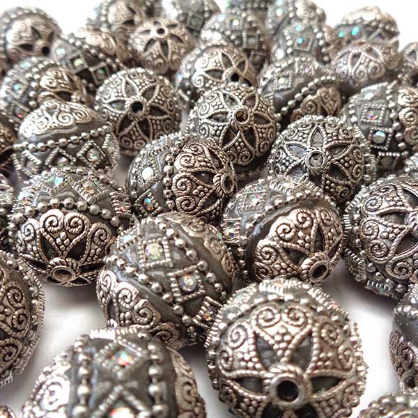 Kashmiri Style Beads Round 20mm (1) Style 003P Silver Grey