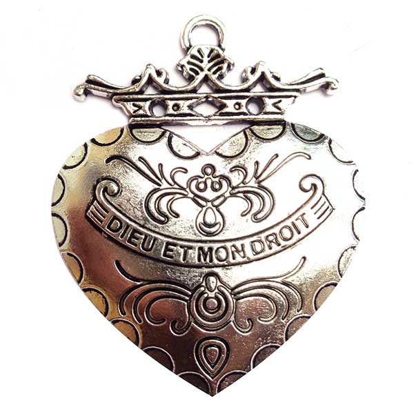 Cast Metal Pendant Heart 'Dieu et mon droit' 60x49mm (1) Antique Silver