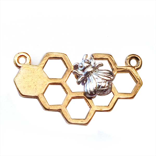 Cast Metal Connector Bee Honeycomb 25x14mm (1) Gold Base Silver Bee