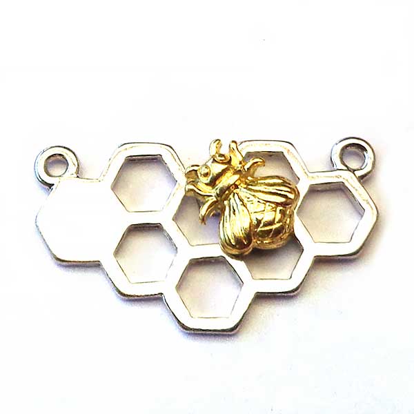 Cast Metal Connector Bee Honeycomb 25x14mm (1) Silver Base Gold Bee