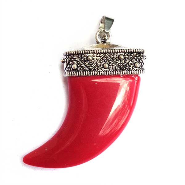 Cast Metal Pendant Horn Resin 42x38mm (1) Red Antique Silver