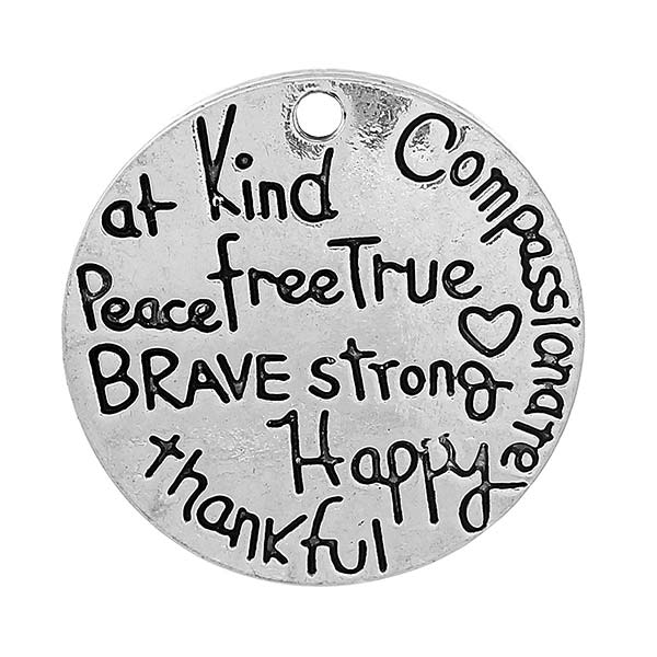 Cast Metal Charm Word Positive Affirmations Round 22mm (1) Antique Silver
