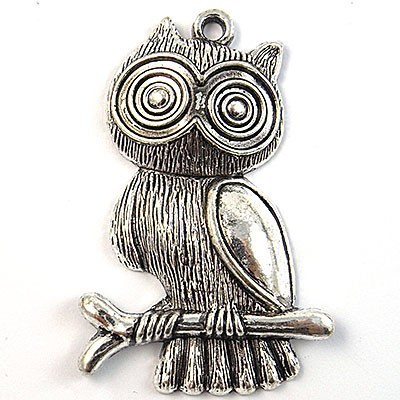 Cast Metal Pendant Owl on Branch Cute 55x26mm (1) Antique Silver