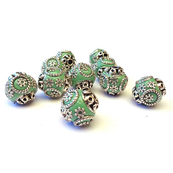 Kashmiri Style Beads Round 15mm (1) Style 012E Silver Light Turquoise Green