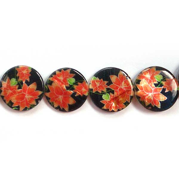 Shell Beads Round Flat Printed 20mm (19) Lily on Black