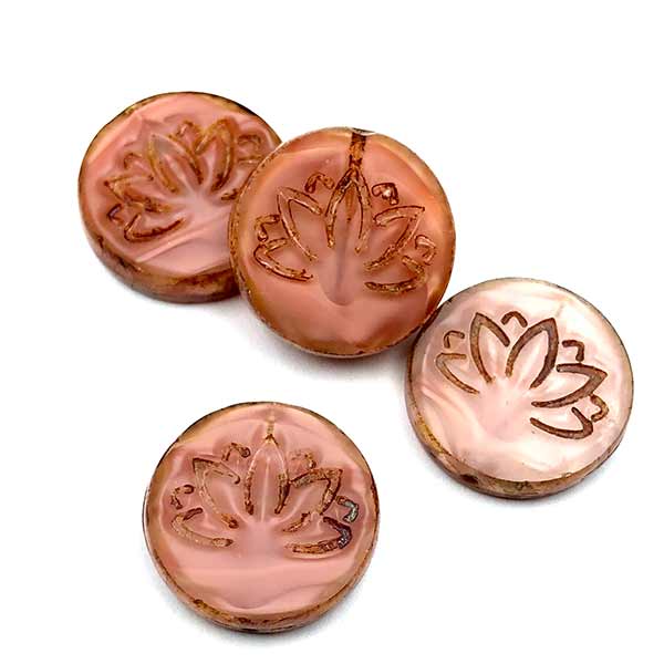 Czech Glass Beads Coin Lotus Flower Table Cut 18mm (1) Pink Silk w/ Picasso
