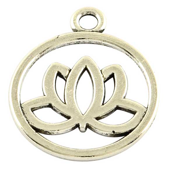 Cast Metal Charm Flower Lotus In Circle Outlined 20mm (10) Antique Silver