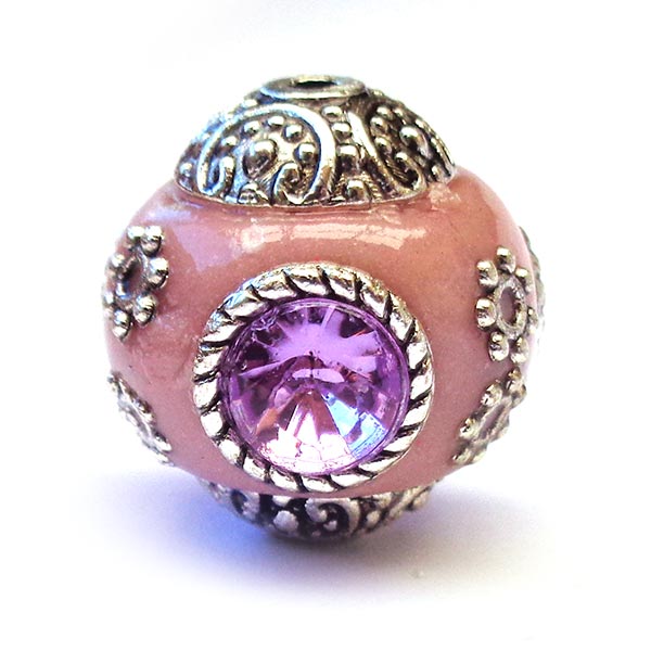 Kashmiri Style Beads Round 15mm (1) Style 00MIS-O Pink w/Violet
