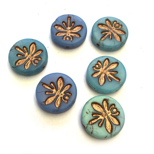 Czech Glass Beads Coin w/Dragonfly 18mm (6) Mixed Blue
