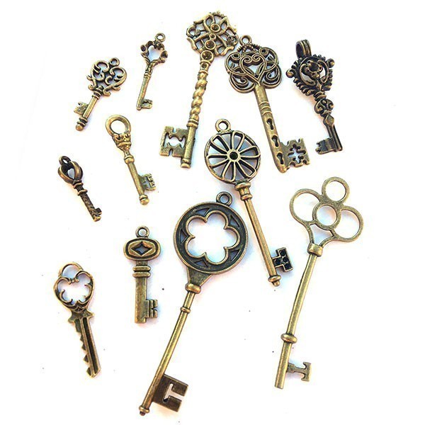 Cast Metal Pendants Mixed Keys (12) Antique Bronze