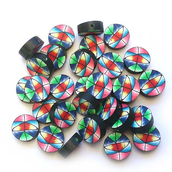 Polymer Clay Beads Flat Round 14mm (10) Geometric Colourful
