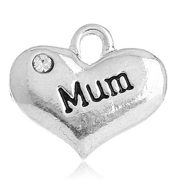 Cast Metal Charm Word 'Mum' Heart w/Rhinestone 16x14mm (1) Antique Silver