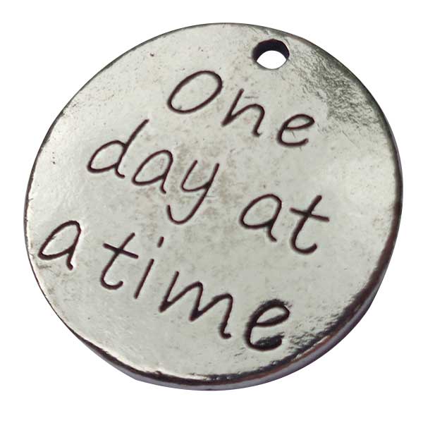 Cast Metal Charm Word 'One Day At A Time Round 23mm (1) Antique Silver