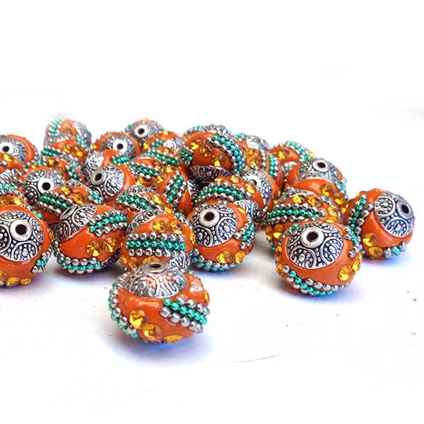Kashmiri Style Beads Round 15mm (1) Style 007C Orange