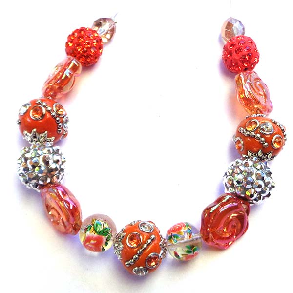 Bohemian Bead Strands Mixed Beads A002 Orange Embossed Flowers