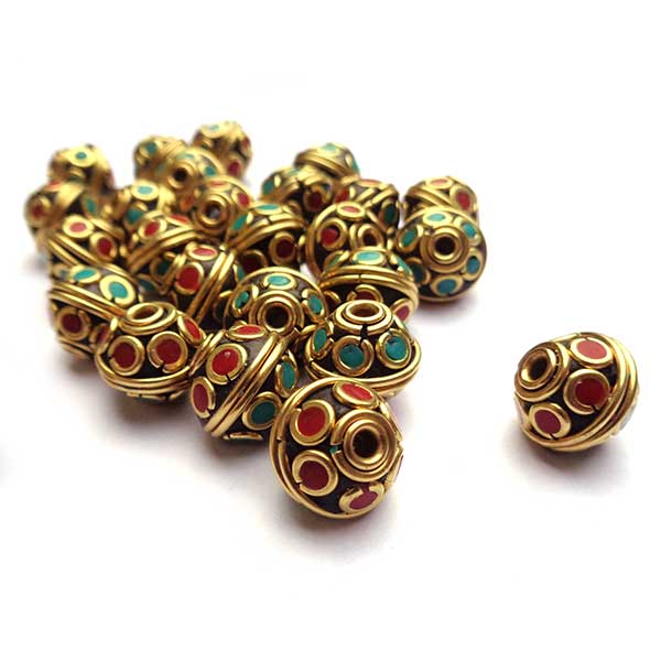Kashmiri Style Beads Bohemian Bicone 13x11mm (1) Turquoise, Red, Gold