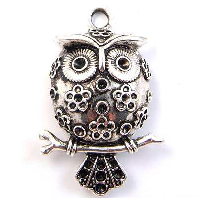 Cast Metal Pendant Owl on Branch 3D 50x28x9mm (1) Antique Silver