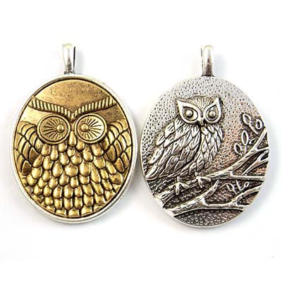 Cast Metal Pendant Owl Oval Double Sided 61x42mm (1) Silver & Gold