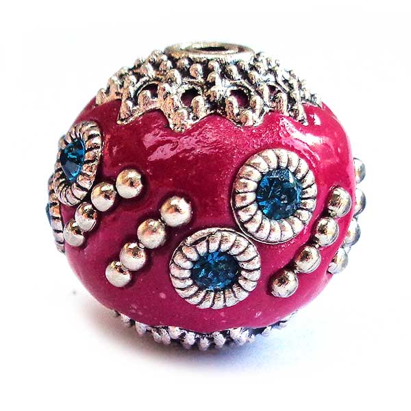 Kashmiri Style Beads Round 15mm (1) Style 005G Dark Pink Teal