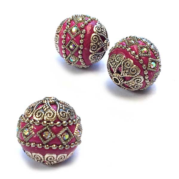 Kashmiri Style Beads Round 20mm (1) Style 003Q Silver Dark Pink