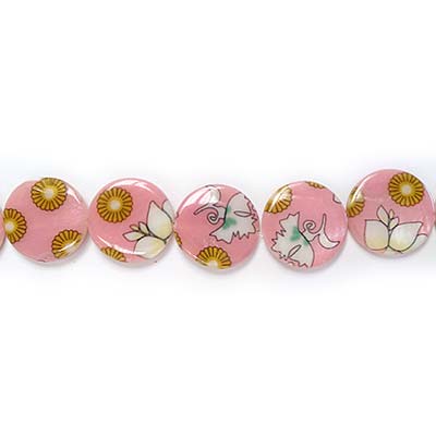 Shell Beads Round Flat Printed 20mm (19) Fresh Flowers Pink