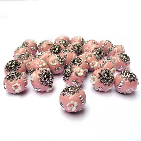 Kashmiri Style Beads Rondelle 16x14mm (1) Style 004D Pink w/Polymer Clay Flower