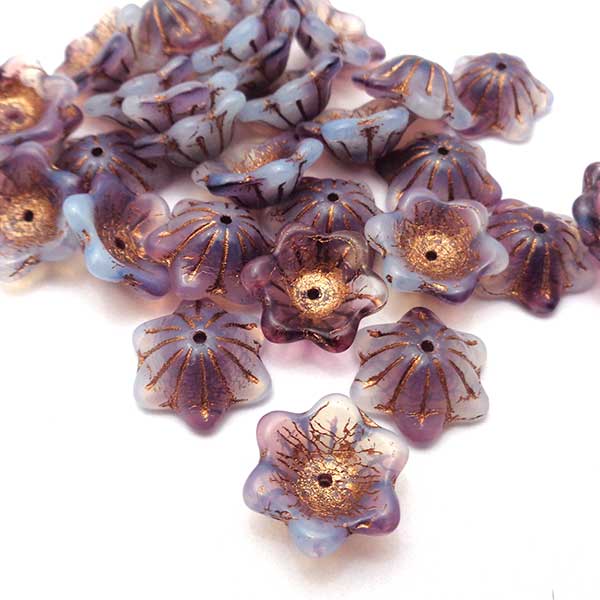 Czech Glass Beads Flower Wide Bell 12x11mm (10) Lavender Amethyst w/Dark Bronze Wash