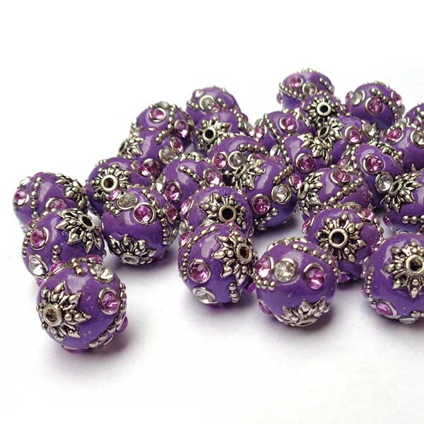 Kashmiri Style Beads Round 15mm (1) Style 002G Purple