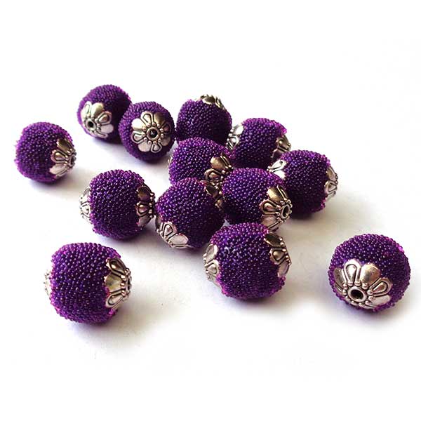 Kashmiri Style Beads Round 12x14mm (1) Style 00MIS-F Purple Seed w/ Silver Caps