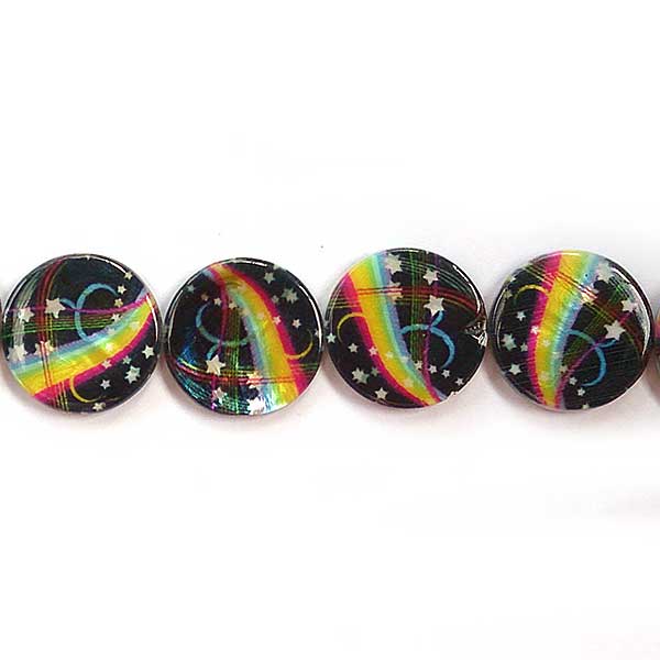 Shell Beads Round Flat Printed 25mm (15) Rainbow & Stars On Black