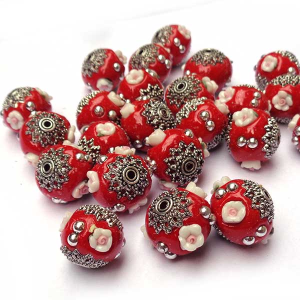 Kashmiri Style Beads Rondelle 16x14mm (1) Style 004E Red w/Polymer Clay Flower