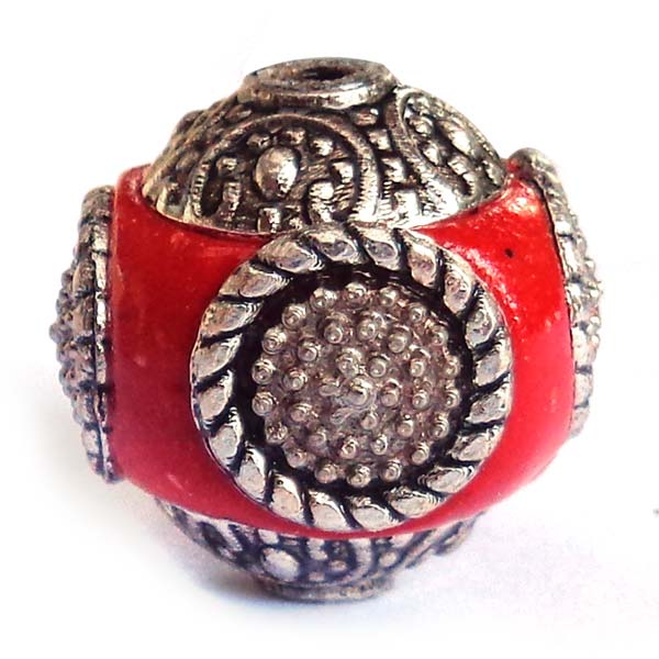 Kashmiri Style Beads Round 15mm (1) Style 001D Red