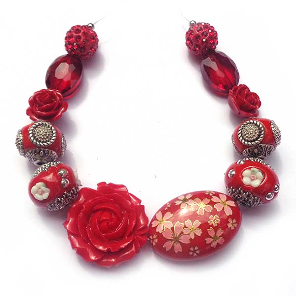 Bohemian Bead Strands Mixed Beads 093 Red Floral