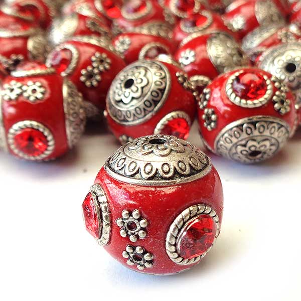 Kashmiri Style Beads Round 18mm (1) Style 00MIS-Q Red