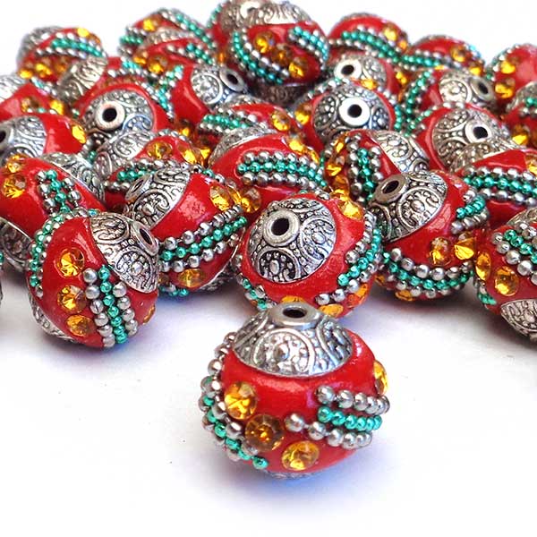 Kashmiri Style Beads Round 15mm (1) Style 007A Red