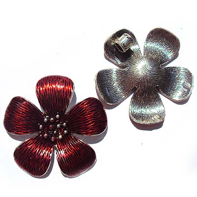 Cast Metal Pendant Flower Frangipani Enamel 53mm (1) Red Antique Silver