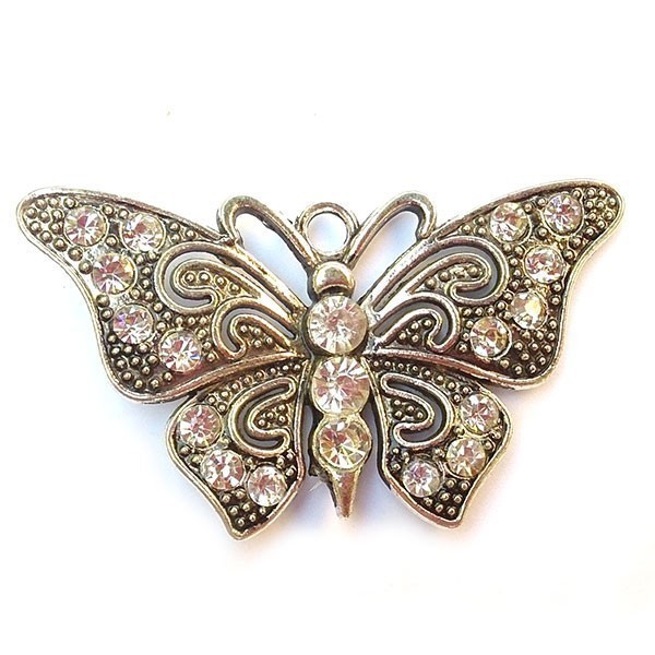 Cast Metal Pendant Butterfly Rhinestone 37x67mm (1) Crystal - Antique Silver