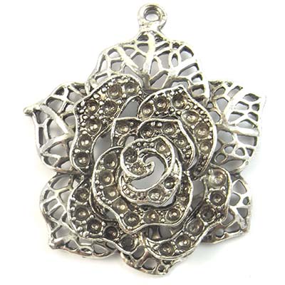 Cast Metal Pendant Flower Rose 51x46mm (1) Antique Silver - Can hold rhinestone